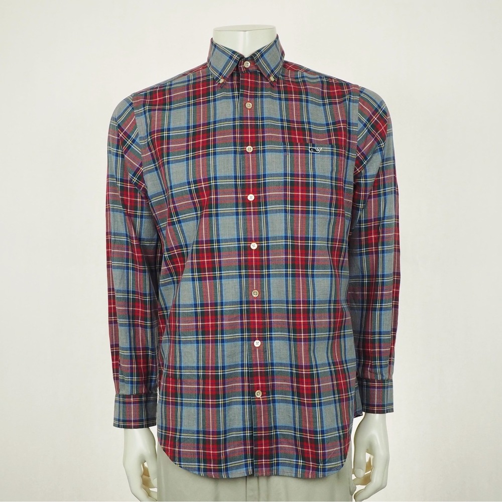 Vineyard Vines Button Down Shirt Mens Medium Gray Plaid Slim Fit Tucker Cotton